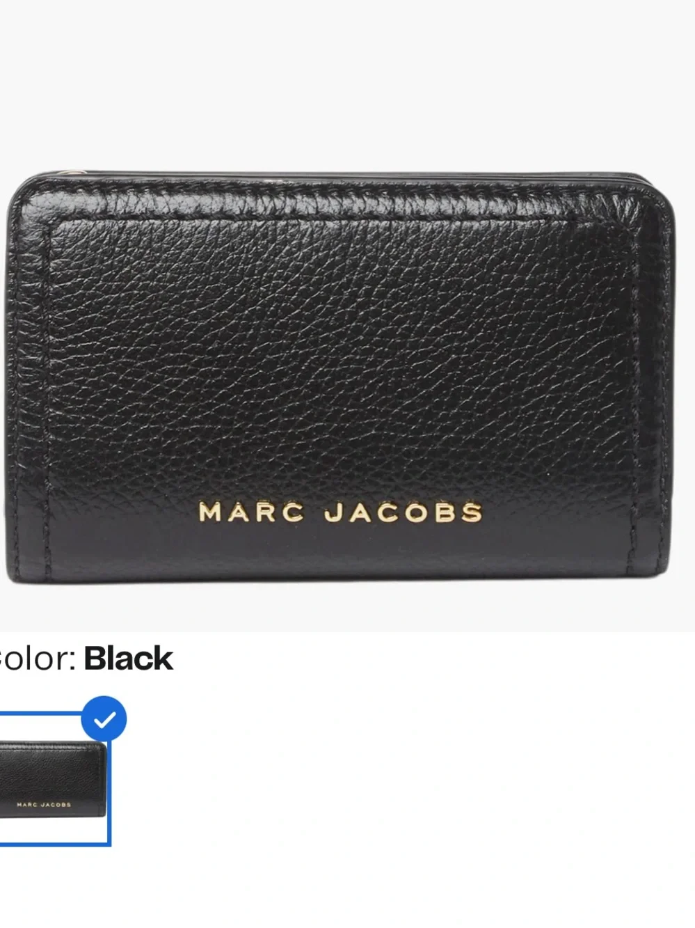 Marc Jacobs Black Pebbled Leather Zip Card Holder with Gold Logo